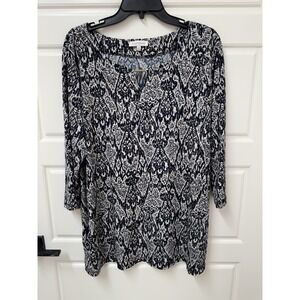 Ellen Weaver Women 1X Tunic Blouse Pullover Navy Gold Accent Stretch Career Top
